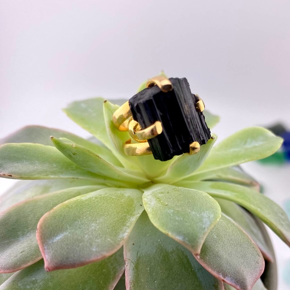 Natural Raw Black Tourmaline 18k Gold Plated Adjustable Ring - Picture 2 of 10